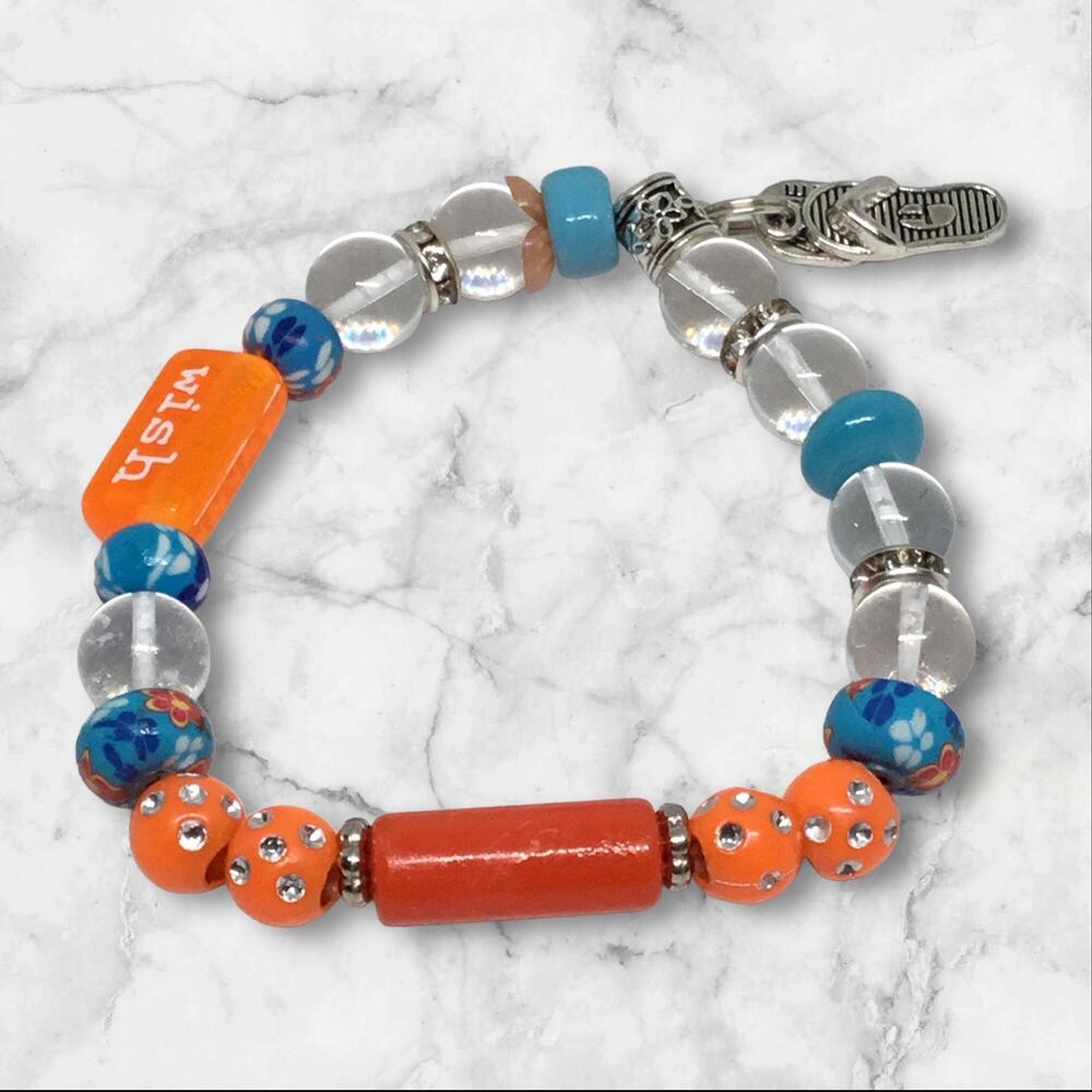 Glass Stretch Sporty Boho Beachy Bracelet Blue & Orange Set Glass Beads Unique - Picture 3 of 4
